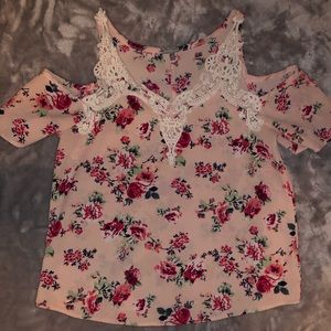 Off-shoulder rose print blouse